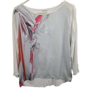 Calvin Klein Womens Top Small Gray Cream Floral Laser Cut Sleeve Preppy